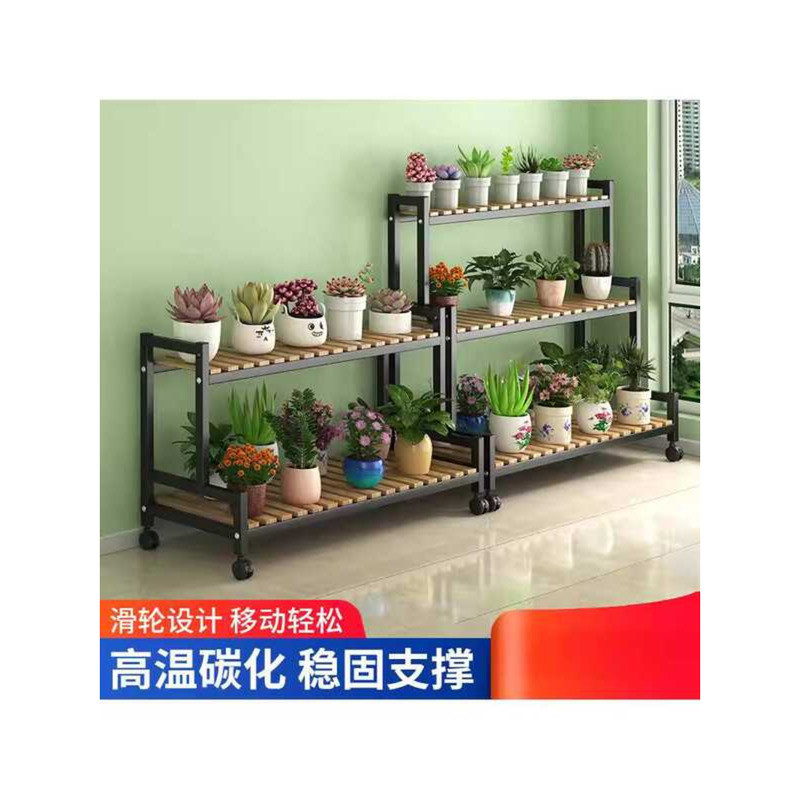 Solid Wood Pot Movable Balcony Succulent Rack Iron Art Ladder Style ...