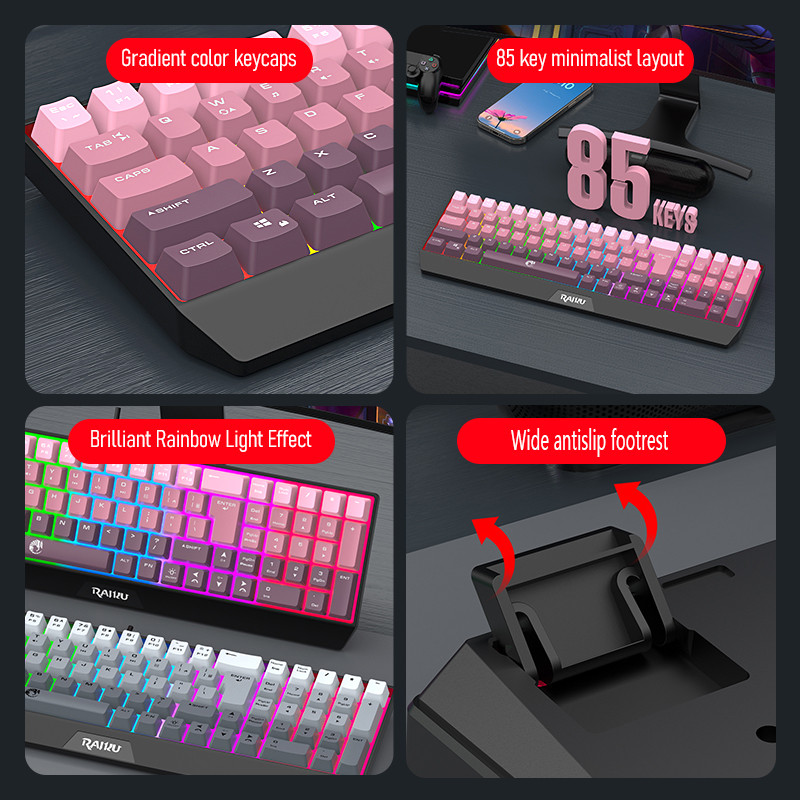 Raiku 85-Key Gradient Gaming Keyboard : Rainbow Backlight + Ergonomic ...
