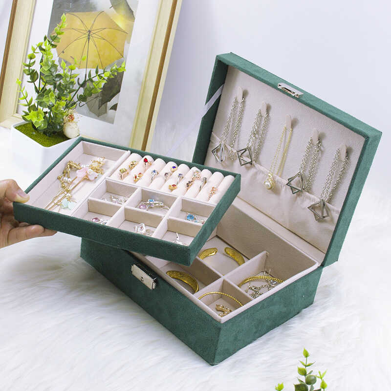 Suede fabric jewelry storage box, dark green, with lock, double-layer ...