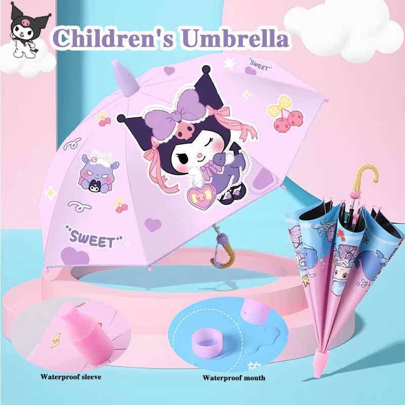 Kuromi Children Umbrella Sunny Rain Black Rubber Long Handle Cute ...