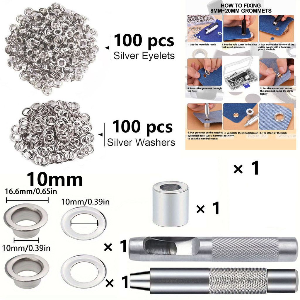 100 Set Grommets Eyelet Kit Copper Rivet Eye Button with Installer ...