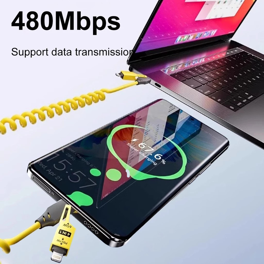 4in1 Spring Charging Cable USB Type C Fast Charging Type C 60W IOS 20W ...