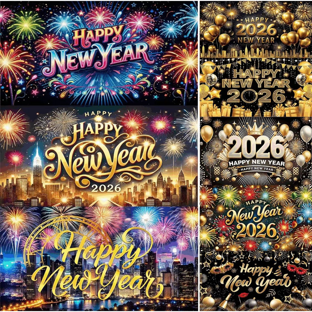 2026 NEW 2026 Happy New Year Black Gold Firework Backdrop Banner Wall ...