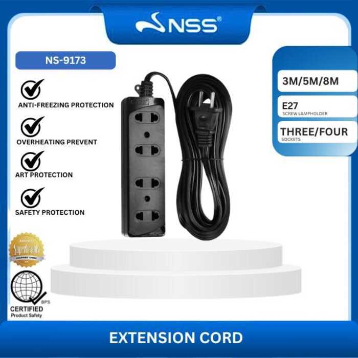 NSS 8M POWER SOCKET CORD 4/3 OUTLET 3-5-8- METER EXTENSION CORD.NS-9173 ...