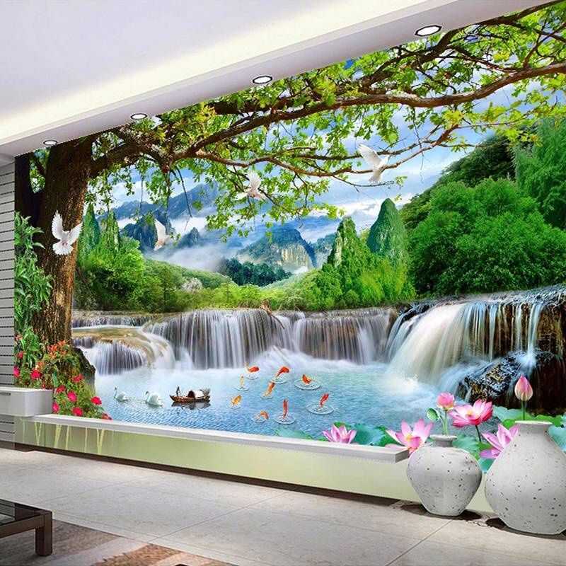Custom Murals Green Big Tree Forest Waterfall Nature Landscape 3D ...