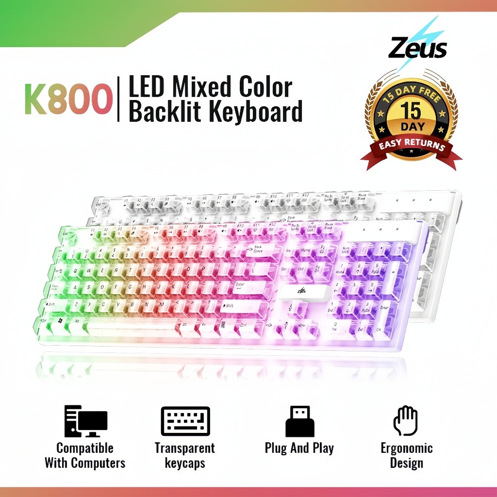 Zeus K-800 Transparent Keycaps Keyboard With Multimedia Function Keys ...