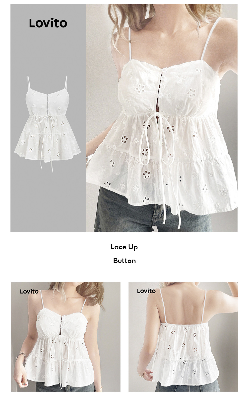 Lovito Women Casual Top Lace Up Button Spring/summer Off White Top ...