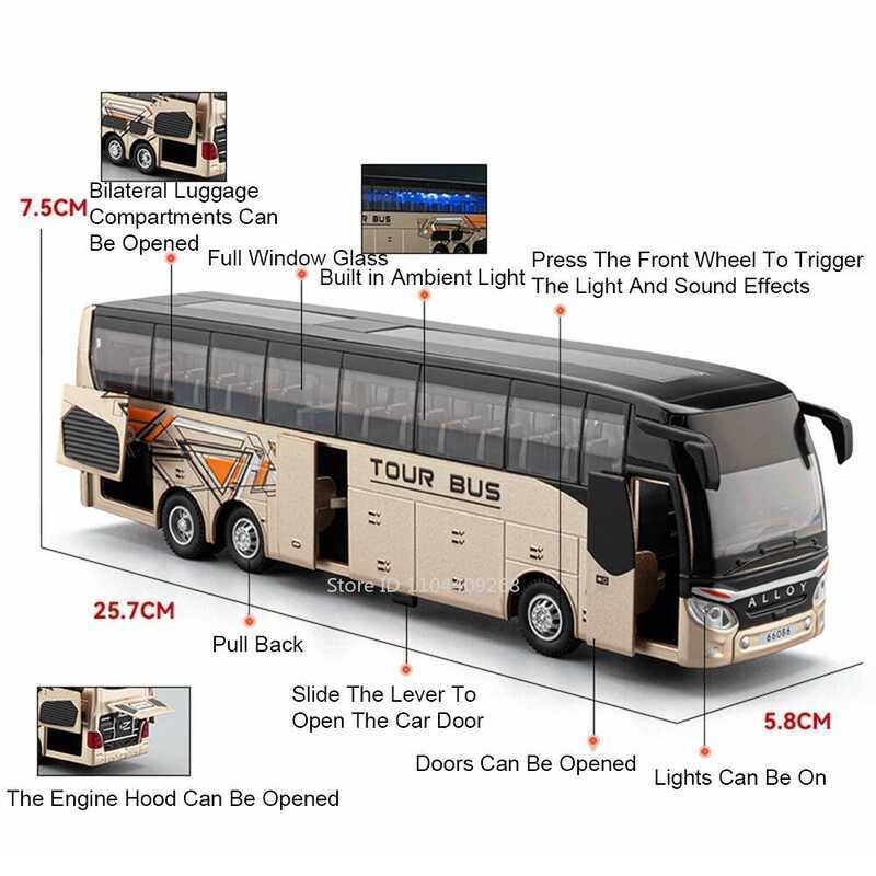 Scale 1:30 Tour Bus Model Sound Light Doors Opened Alloy Diecast ...
