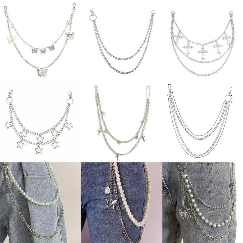 3-layer Goth Belt Chain with Star Pendants Punk Pocket Chain Multi ...