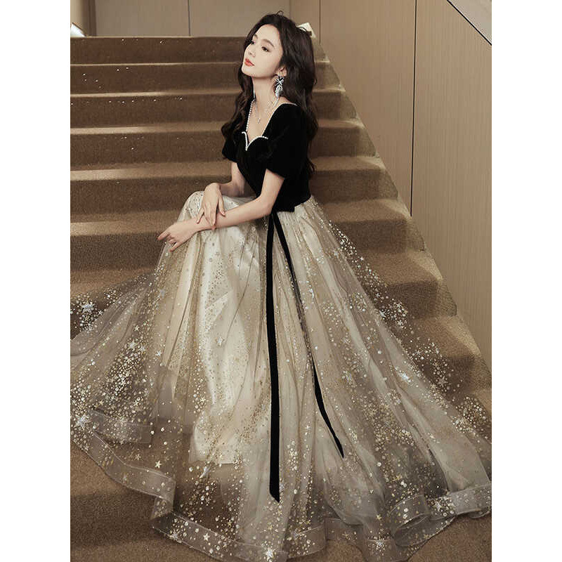 Gown Black Evening Princess Style Short Sleeve Long Dress For 18Th Birthday  Adult Ceremony Hostess | Shopee Philippines