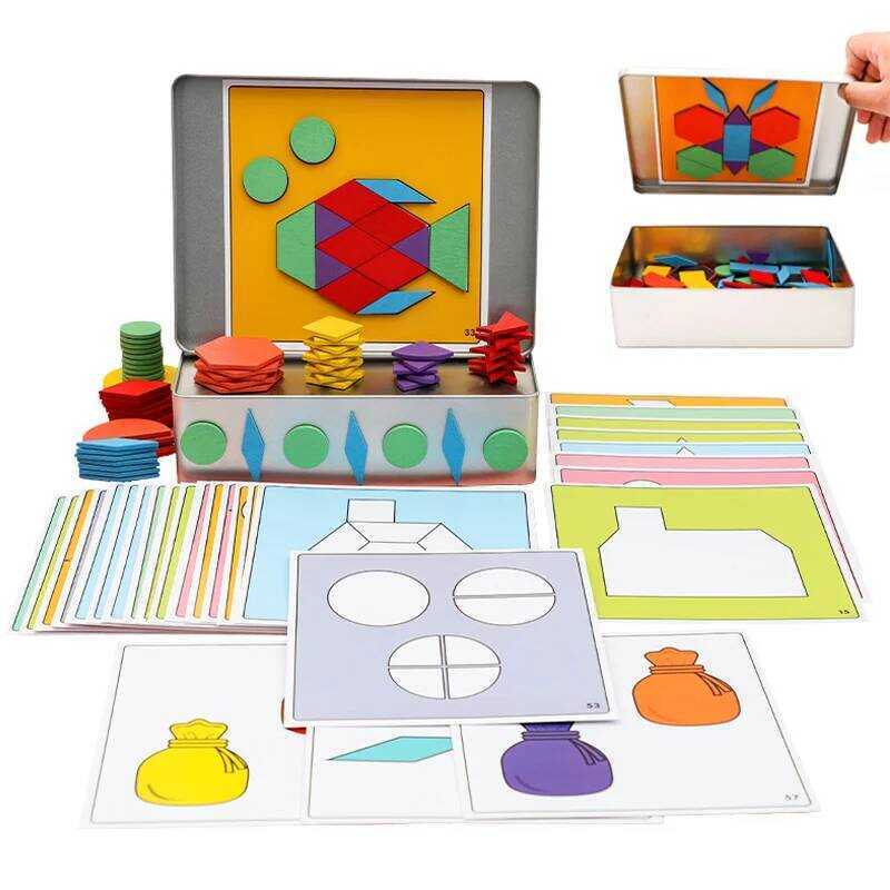 Puzzle Tangram Kids Toy Iron Boxed Wooden 150Pcs Magnetic Tangram ...