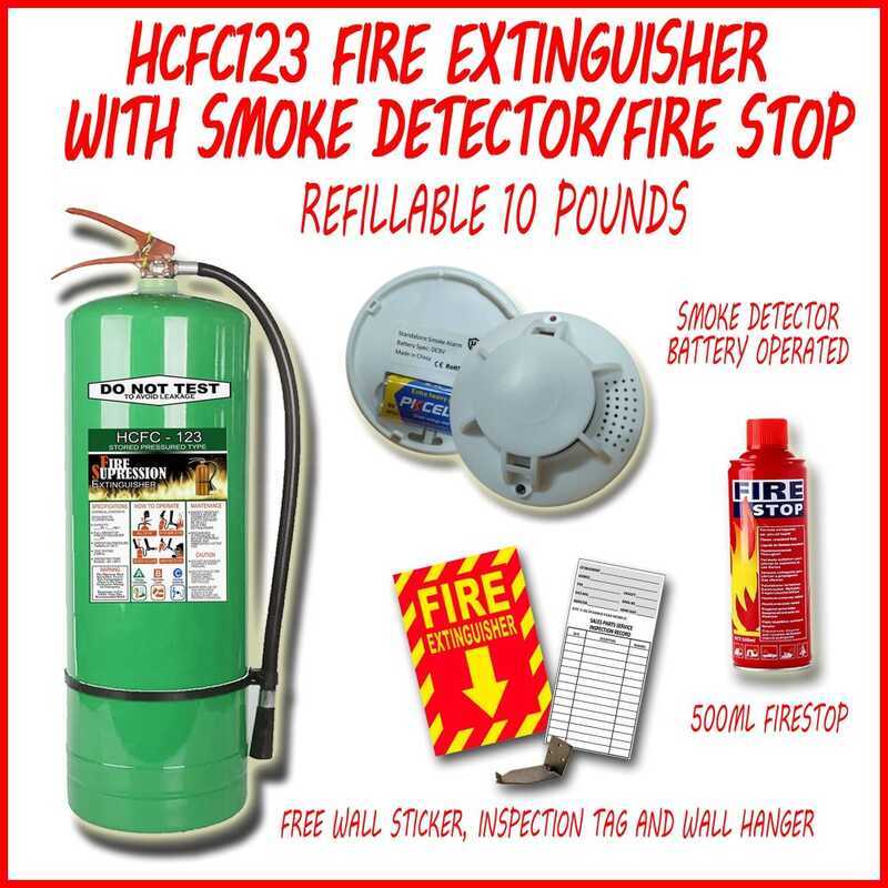 10 POUNDS HCFC 123 WITH DETECTOR AND FIRESTOP MINI FIRE EXTINGUISHER ...