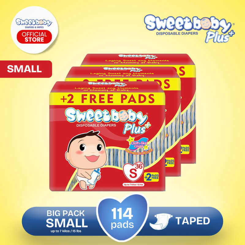SWEETBABY PLUS TAPED DIAPER - BIG PACK SMALL 36+2 PADS X 3 PACKS ...