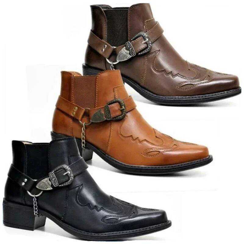 2026 Fashion Men's Vintage Cowboy Boots Leather High Top Chain Buckle ...