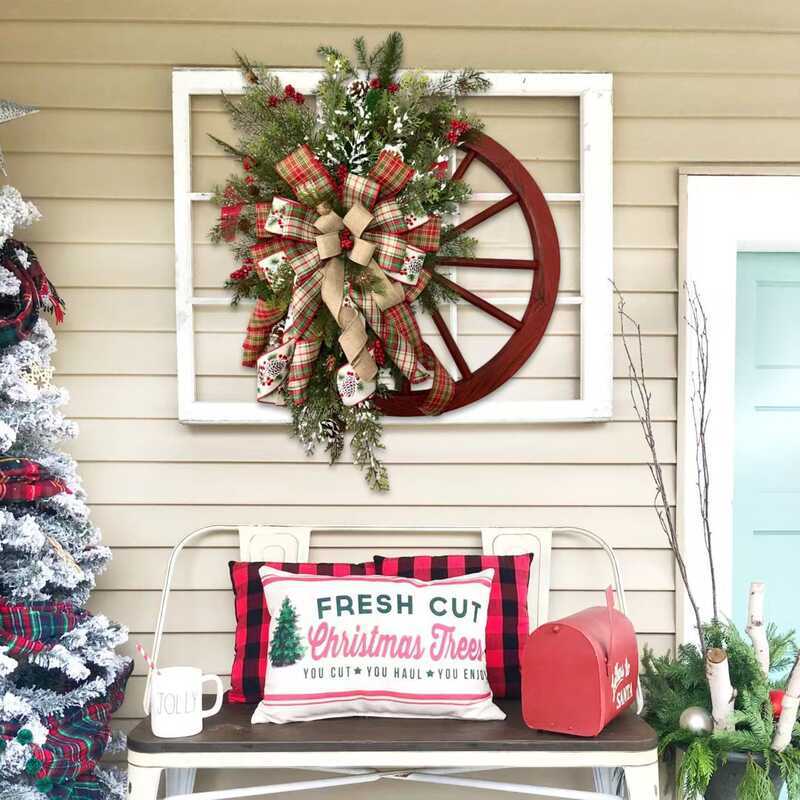 Door A A Decorative Hanging Wooden Wheel Carriage Wreath Pinecone Photo Inspiration
