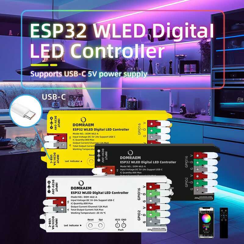 DOMRAEM Esp32 Usb-C WLED Digital LED Controller RGB IC DIY APP 16A Fuse ...