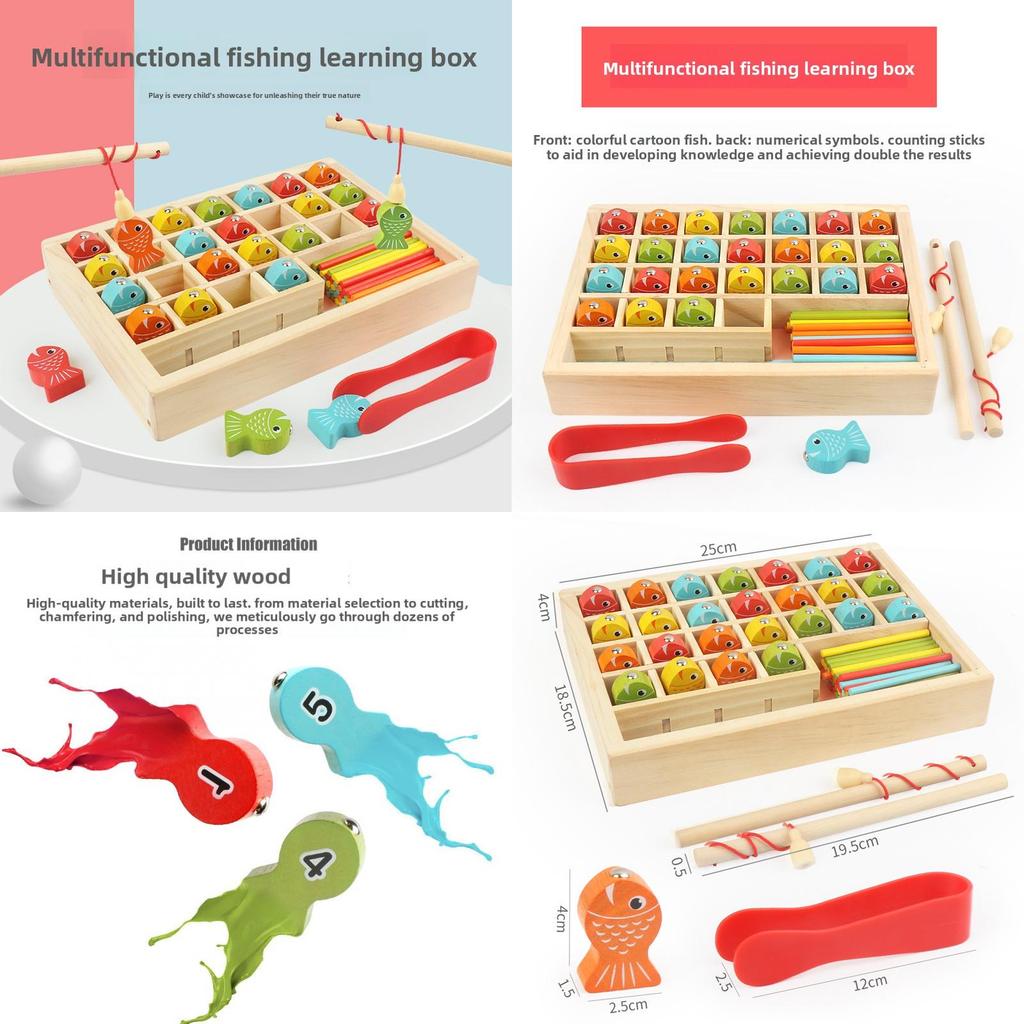 Wooden Fishing Learning Box For Kids With Magnetic Fish Puzzle Play And ...