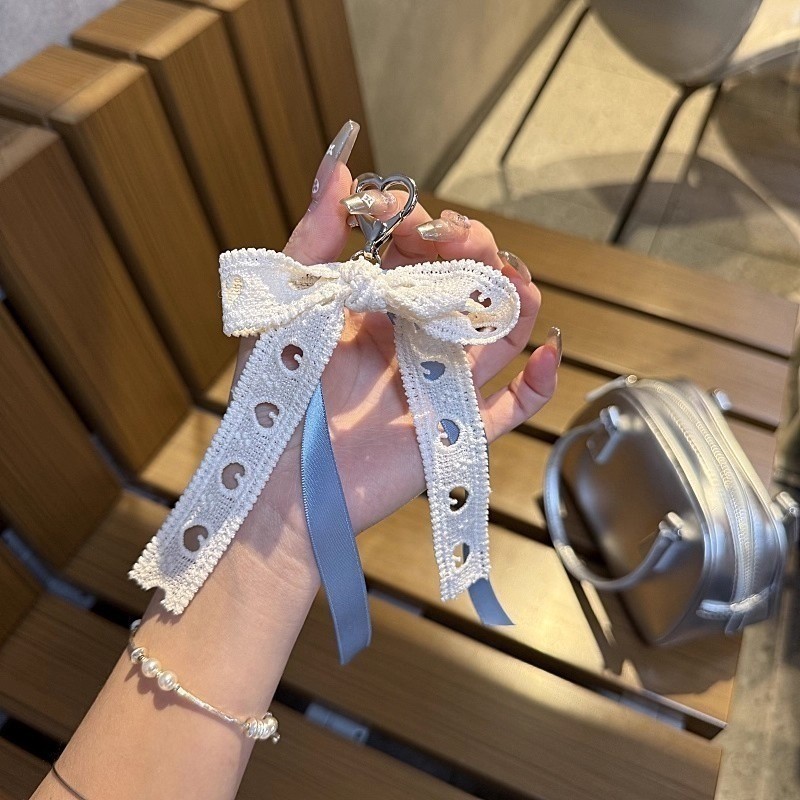 Sweet Lace Ribbon Bowknot Keychain Beaded Pendant Keyring for Women ...