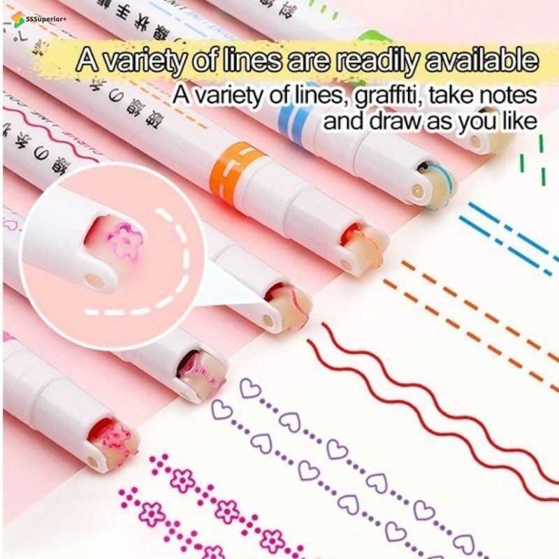 6Pcs Line Shaped Highlighter Pen Multi Color Roller Tip Curve Cute ...