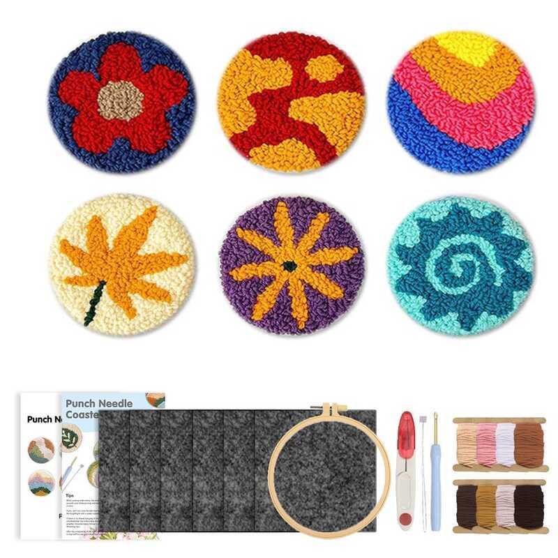 6 Pcs Flowers Landscapes Punch Needle Coasters Kit Adults Beginners DIY ...