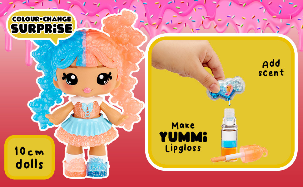 Muñeca Yummiland Con Brillo De Labios Que Cambia De Color – Gwen Gummybear, Incluye Kit DIY De Gloss Bicolor Y Llavero Extraíble – Juguete Cosmético Coleccionable Para Niños +4 Años
