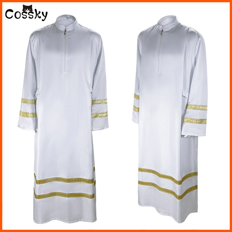 White Pastor Costume Medieval Mission Robe Priests Cosplay Outfit ...