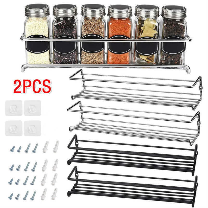 2Pcs Wall Mount Spice Rack Metal Storage Jar Cabinet Shelf Seasoning ...