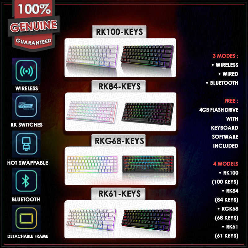 Rk100 Rk61 Rk68 Rk84 Wired, Wireless, Bluetooth 100 / 84 68 61 Keys RGB ...