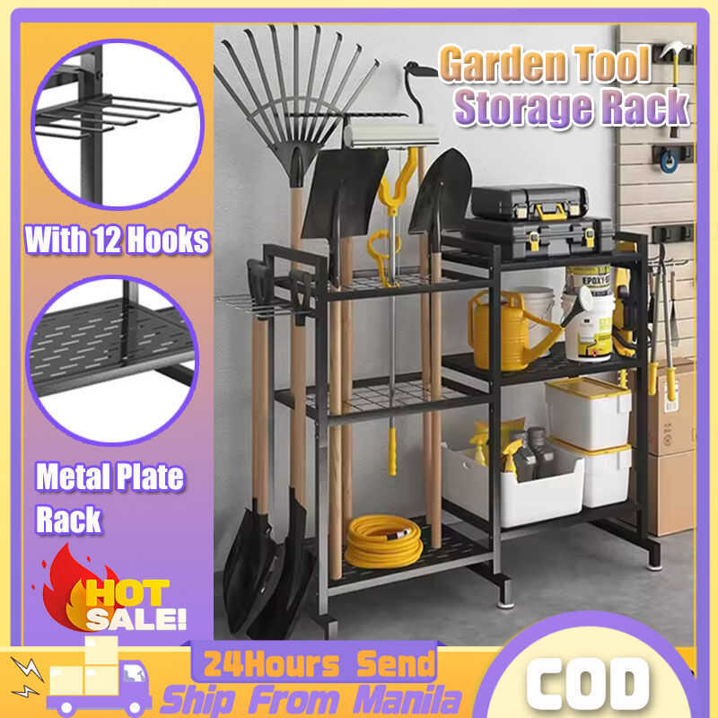 Garden Tool Storage Rack 3 Layer With 12 Hooks Heavy-Duty Metal Farm ...