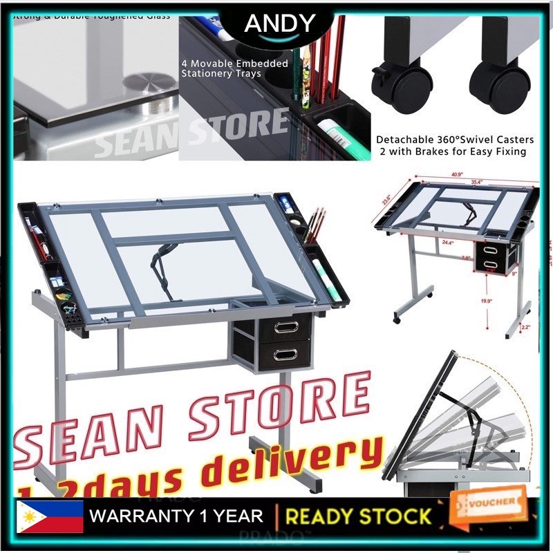Drafting glass table drafting table with extra side table drawers and 2 ...