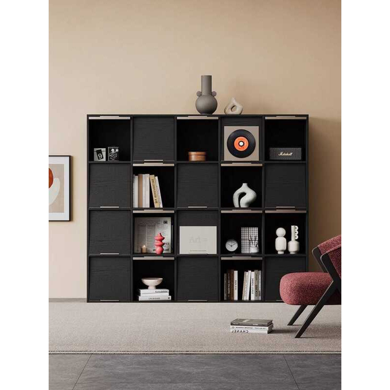 Black Solid Wood Floor Bookcase Grid Living Room Modular Combination ...