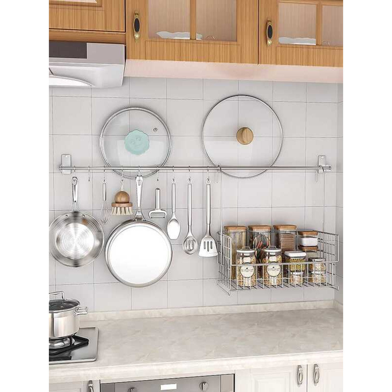 Kitchen Hanging Basket Rod No-Drill 304 Stainless Steel Pot Spatula ...