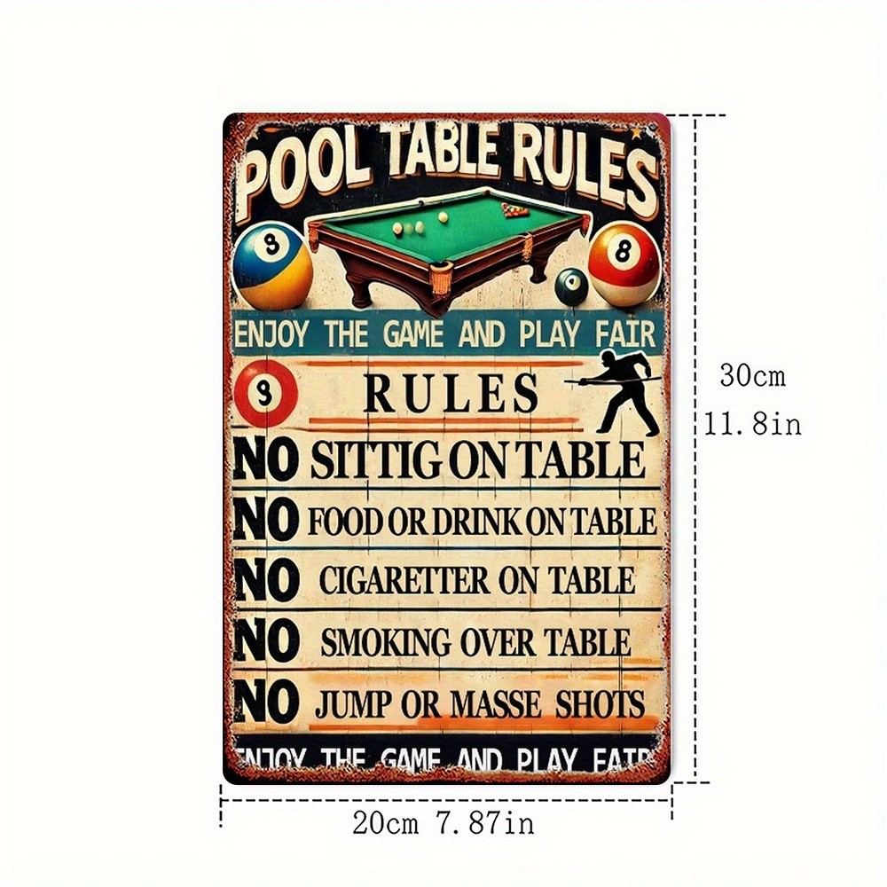 Vintage Pool Table Rules Metal Sign - Durable Iron Wall Hanging Decor ...