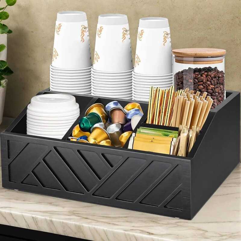 Station Wood Stirrer Countertop Organizer Divided Storage Box Coffee ...