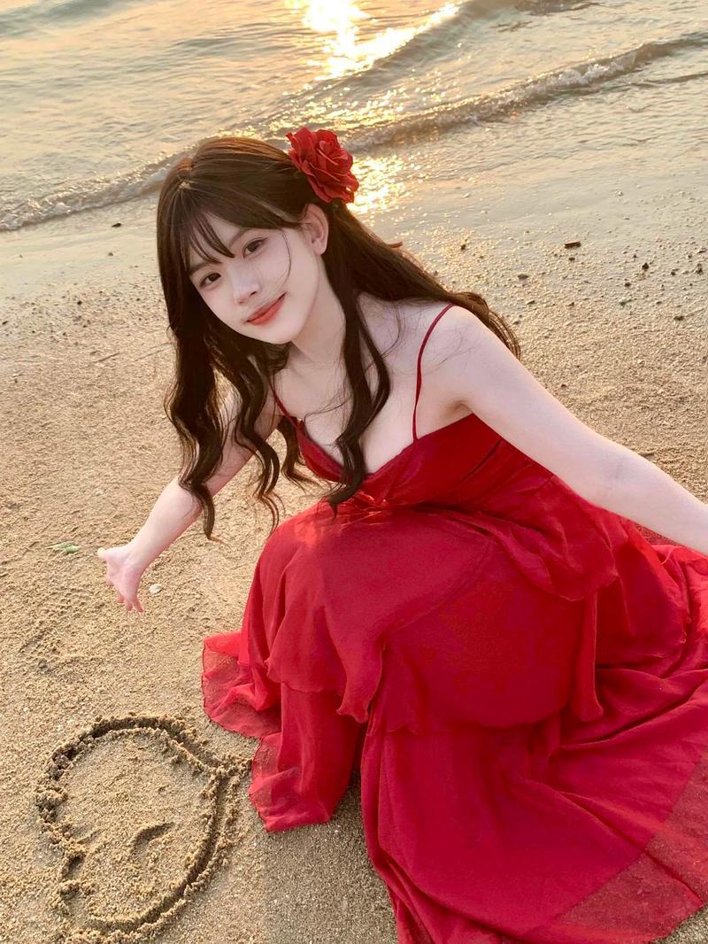 Summer Red Seaside Holiday Style Waisted Ruffle Beach Travel Photo ...