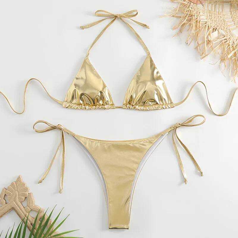 Yy Metallic String Halter Micro Mini Bikini Sets Two Pieces 2024 Women ...