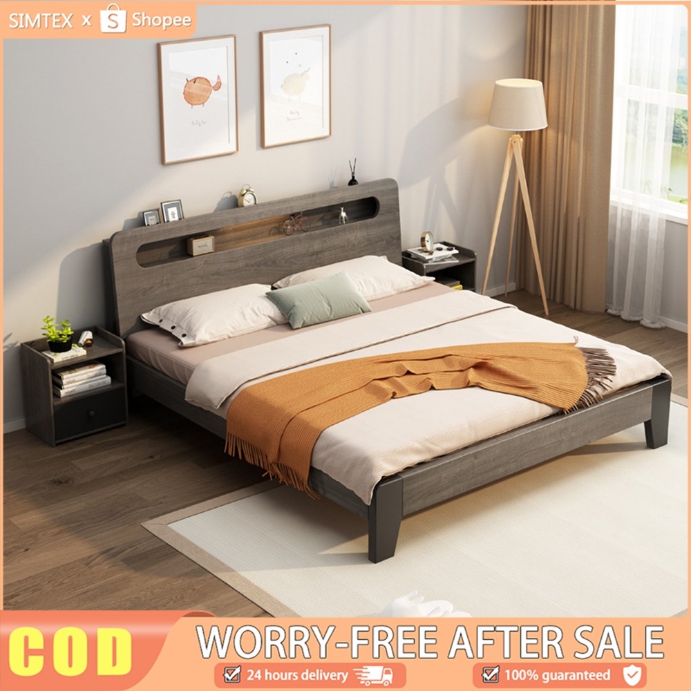 Nordic Simple Wood Bed Frame with Headboard / Thick Bed Legs / Single ...