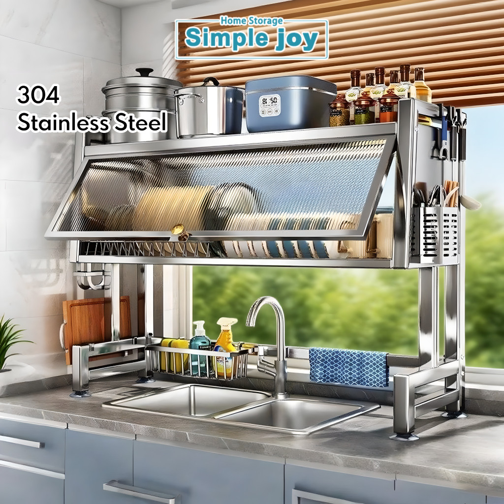 SimpleJoy Stainless Steel Over Sink Dish Rack with Cover 304 Sink Rack ...
