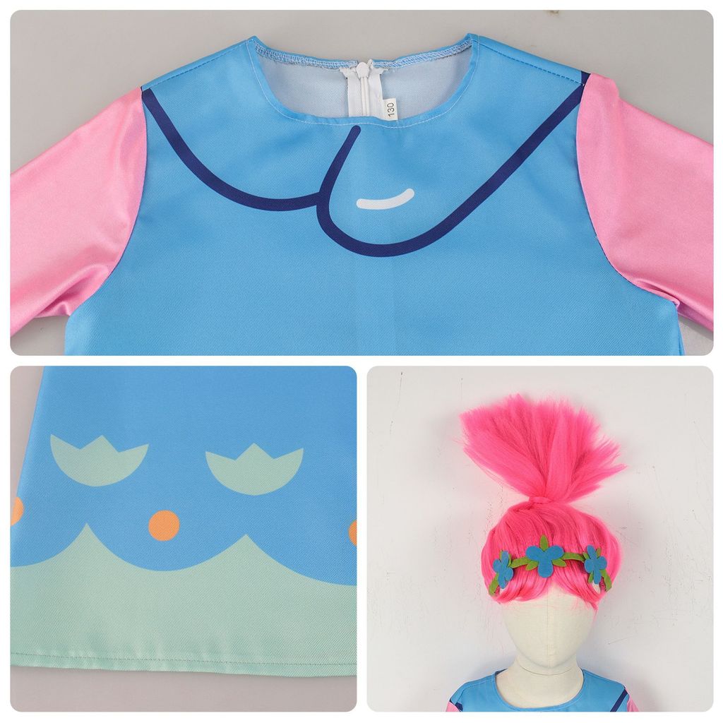 Trolls Cos Clothes Anime Poppy Dress Branch Cosplay Stage Halloween ...
