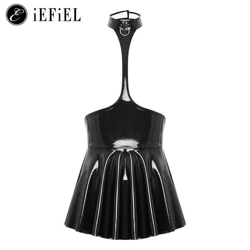 Shiny Womens Metallic Faux Leather Halter Neck Backless A-E Dress ...