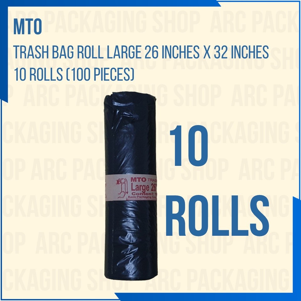 MTO Trash Garbage Bag Roll Black Large 26x32 - 10 Rolls (100 Pieces ...