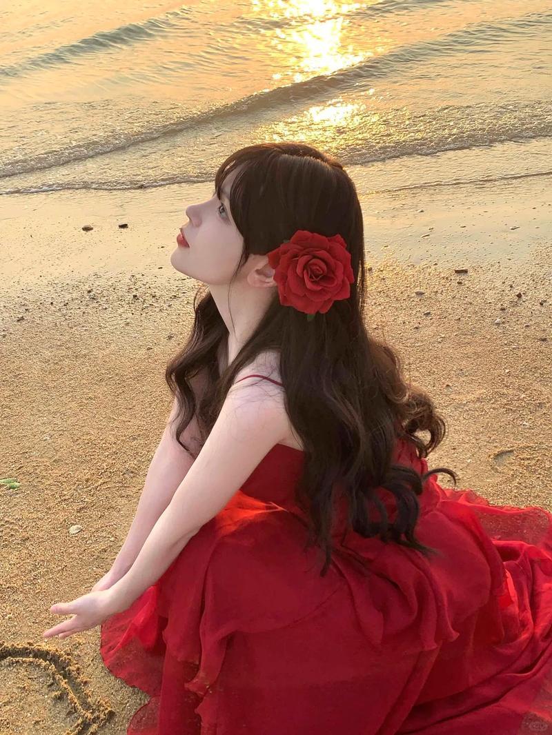 Summer Red Seaside Holiday Style Waisted Ruffle Beach Travel Photo ...