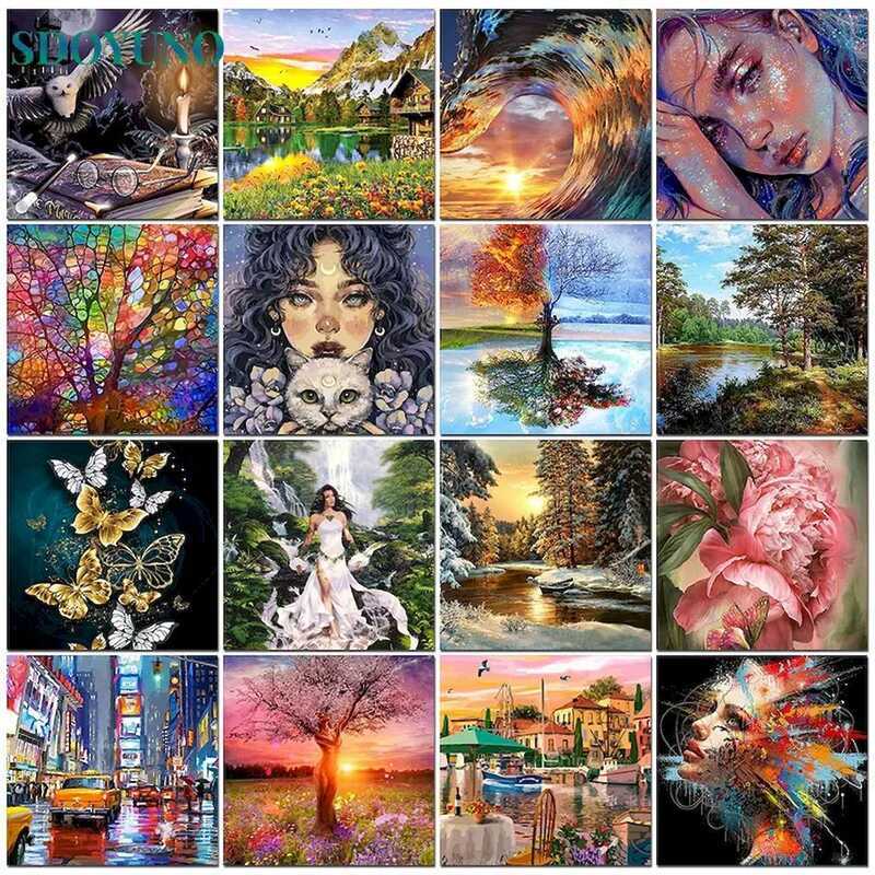 6F83 SDOYUNO DIY Handwork Paint Kit Oil Painting By Landscape Number On ...