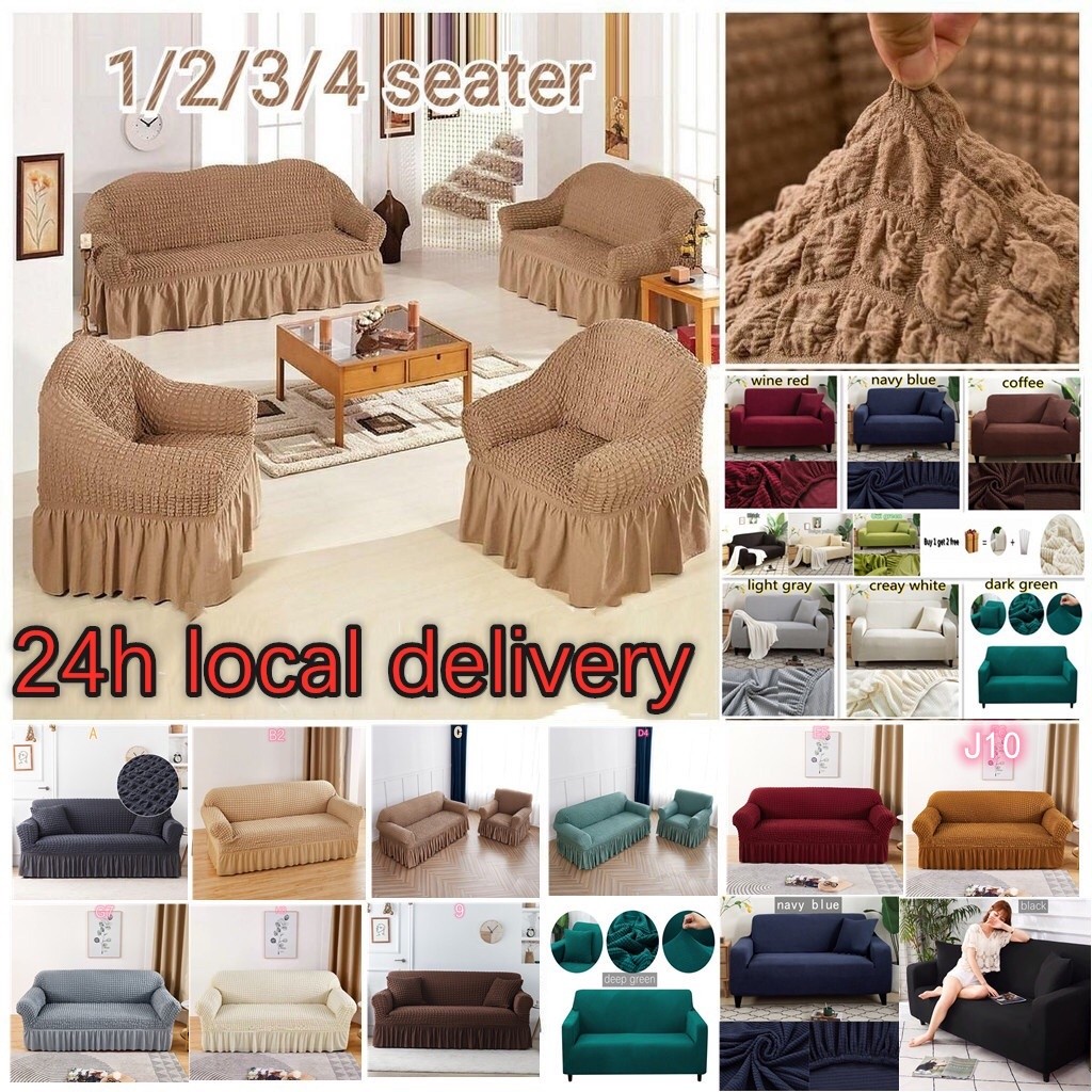【Ready Stock】Elastic Seersucker Sofa Cover With Skirt 1/2/3/4 Seater L ...