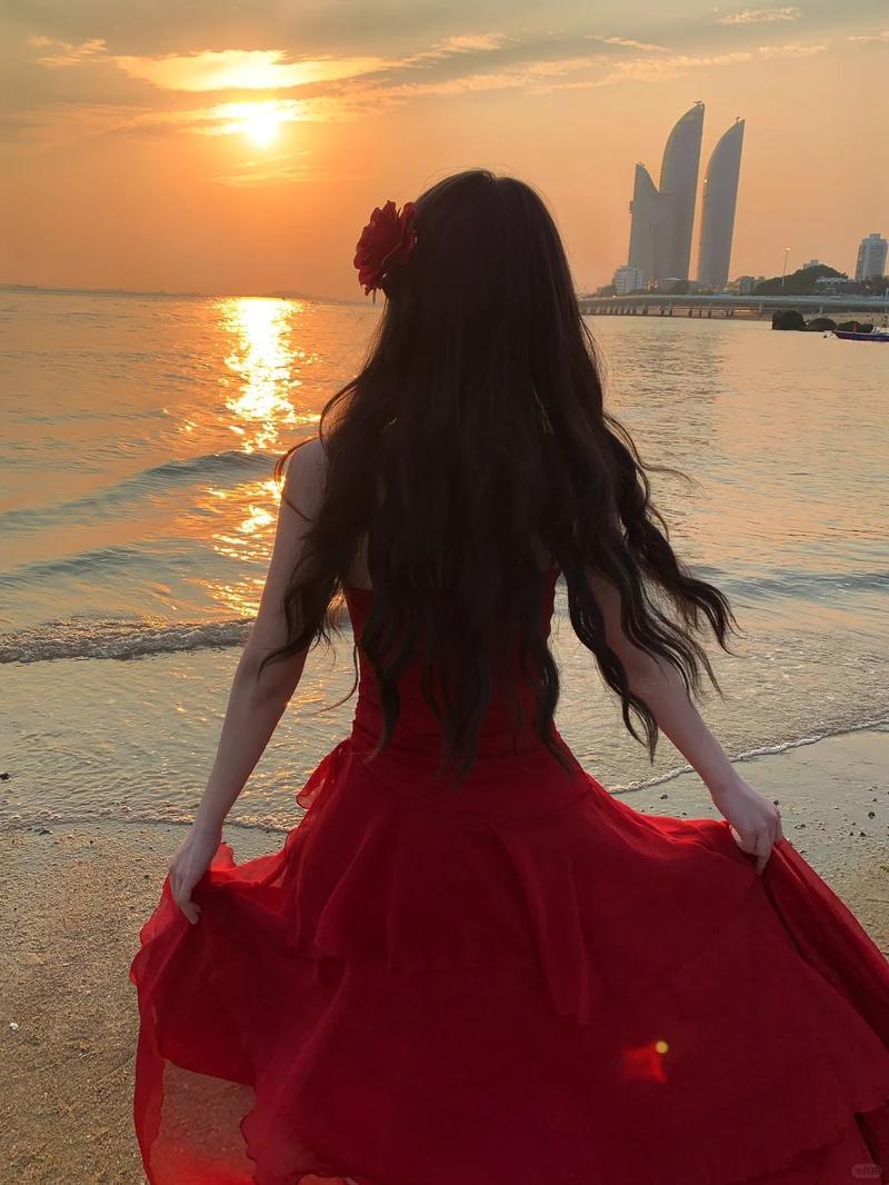 Summer Red Seaside Holiday Style Waisted Ruffle Beach Travel Photo ...