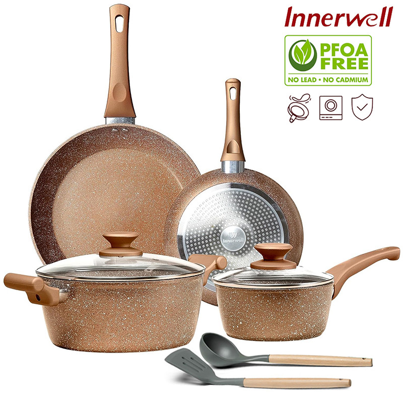 Innerwell Golden Granite periuk batu Non sticky Cookware Set 8 Pcs PFOA ...
