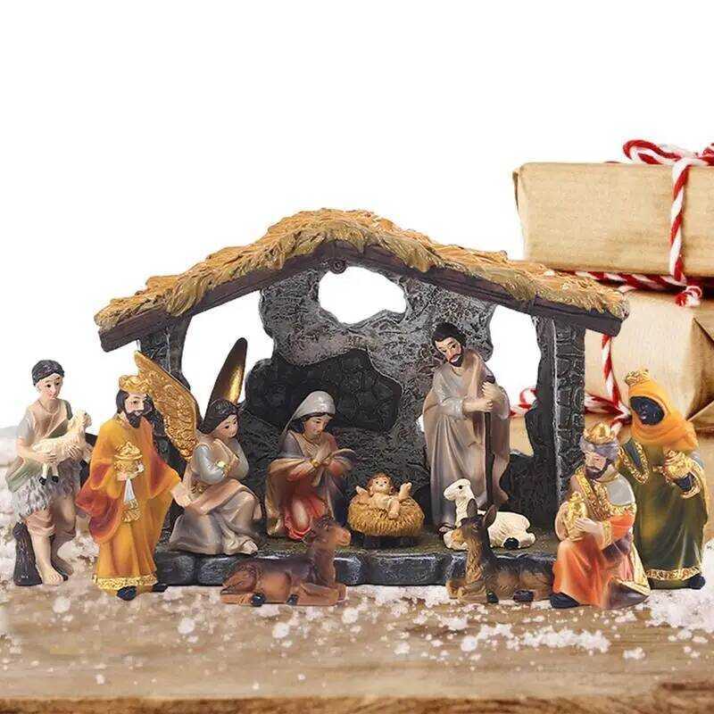 Sets Of 12 Resin Tabletop Nativity Set Manger Scene Indoor Decorations ...