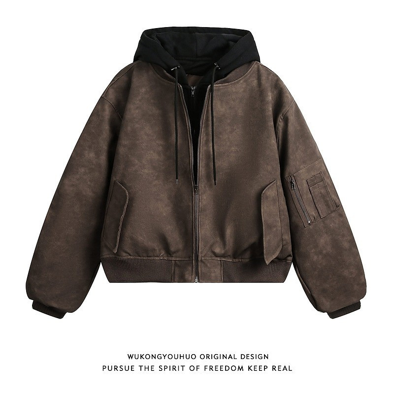 American-Style Brown Faux Two-Piece Short Leather Cotton Jacket For Men ...