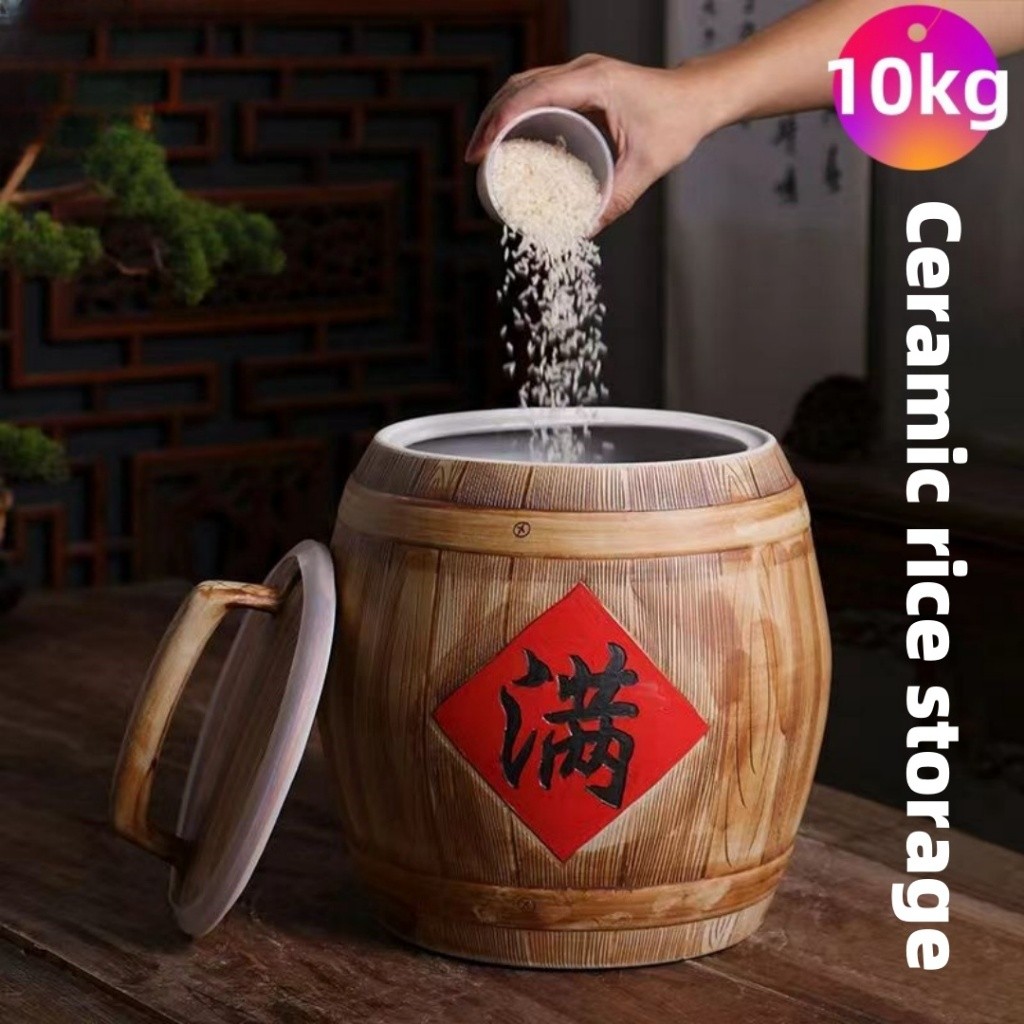 Ceramic rice storage clay jar with cover rice dispenser 10kg 25kg food ...