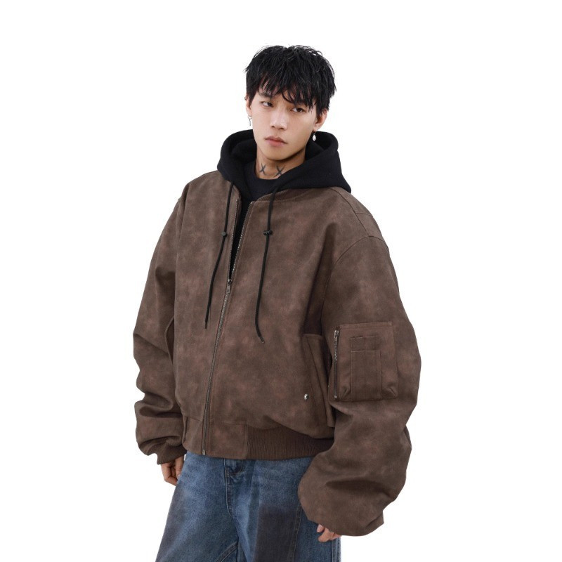 American-Style Brown Faux Two-Piece Short Leather Cotton Jacket For Men ...